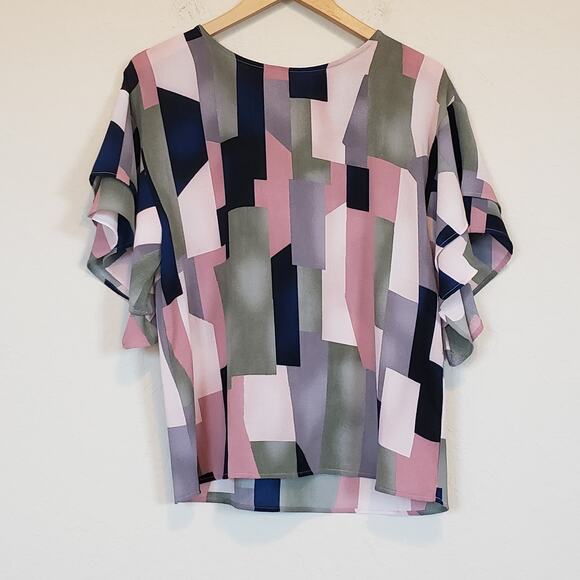 Bobeau Multicolor Geometric Abstract Double Ruffle Sleeve Boxy Blouse Size Small - Picture 2 of 9